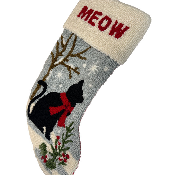 Black Cat Christmas Stocking Oversize Handmade Hooked Yarn Glitzhome 19" - Picture 3 of 5